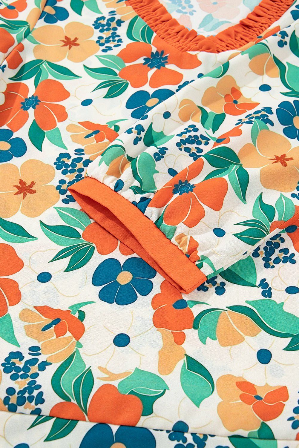 Orange Frilled V Neck Floral Print Bracelet Sleeve Blouse - Jaico Online Shop