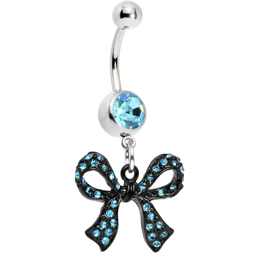 Aqua Gem Paved Black Girly Bow Dangle Belly Ring