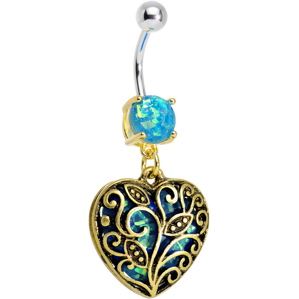Aqua Imitation Opal Gold Plated Lace Heart Dangle Belly Ring