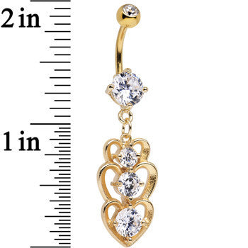 Clear Cubic Zirconia Gold Plated Three Heart Dangle Belly Ring