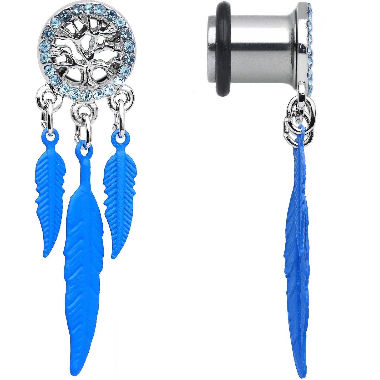 0G Blue Gem Steel Single Flare Tree of Life Dangle Plug Set