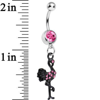 Pink Gem Black Flamingo Dangle Belly Ring