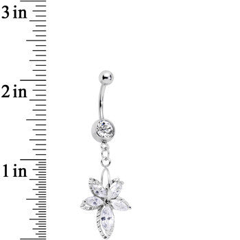 Clear Cubic Zirconia Double Flower Dangle Belly Ring