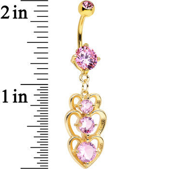 Pink Cubic Zirconia Gold PVD Trio of Hearts Dangle Belly Ring