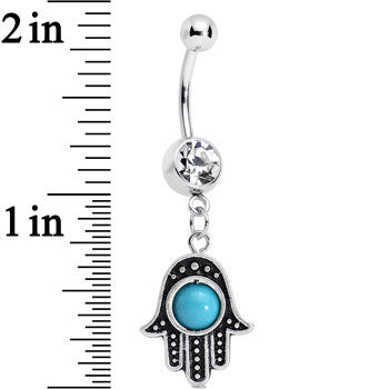 Clear Gem Aqua Orb Hamsa Hand Dangle Belly Ring
