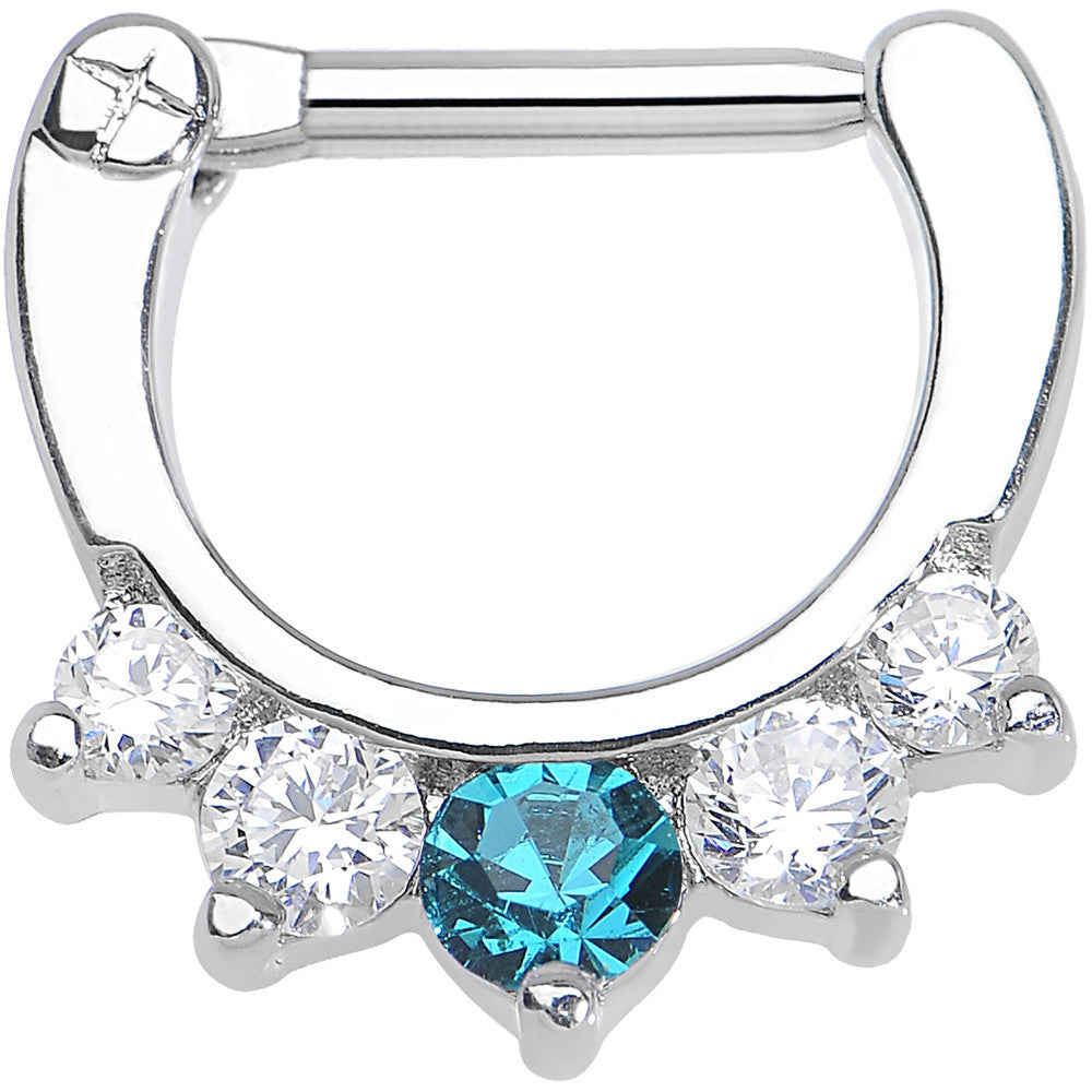 14G 5/16 Five Clear and Blue Cubic Zirconia Septum Clicker