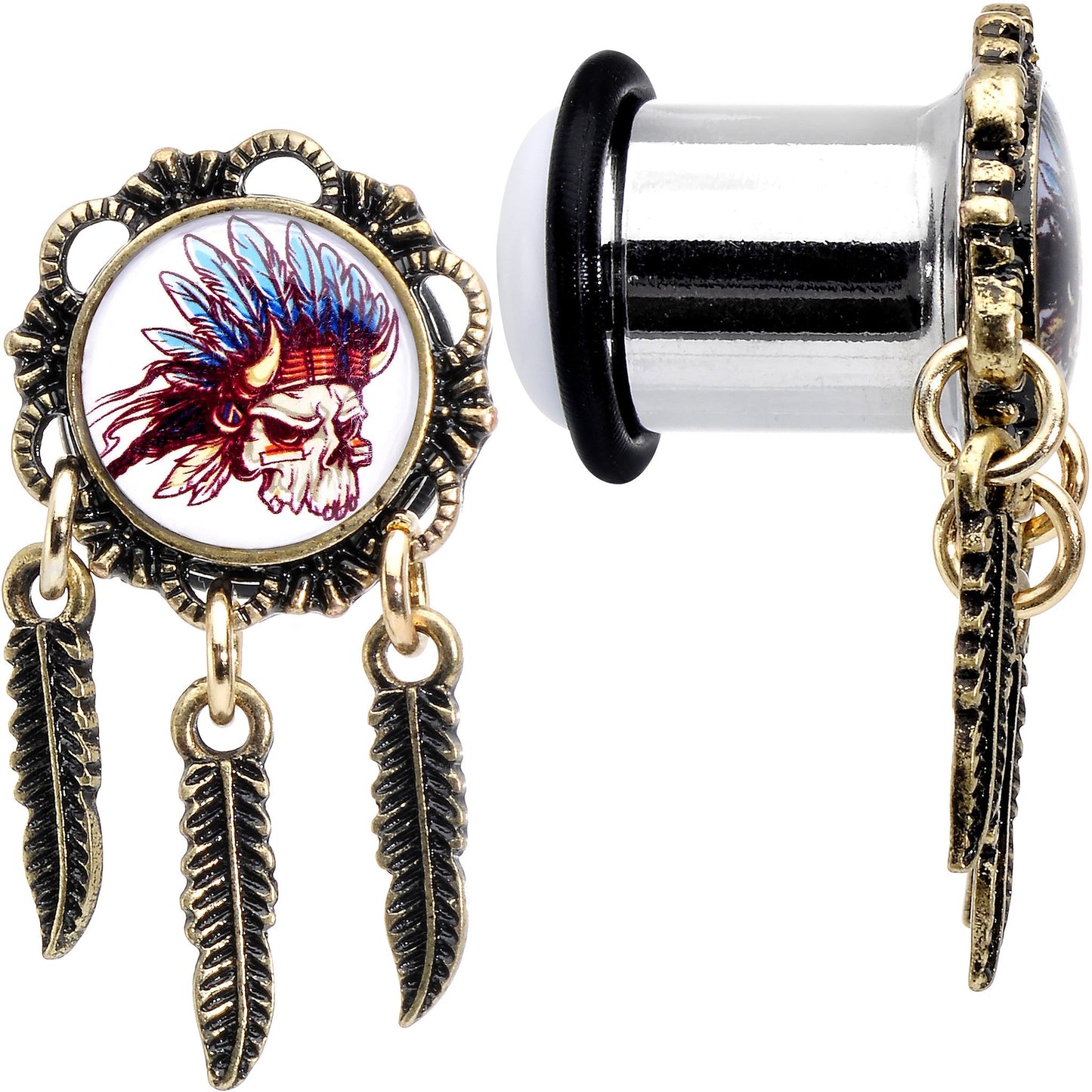 00G Steel Indian Skull Single Flare Feather Dangle Plug Set