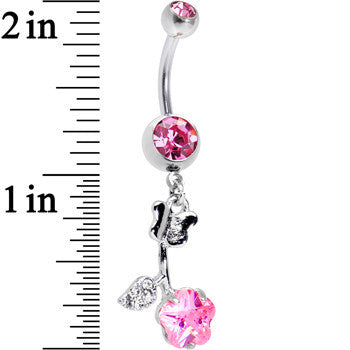 Clear and Pink Gem Delicate Rose Flower Dangle Belly Ring