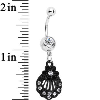 Clear Czech Stone Black Floral Seashell Dangle Belly Ring