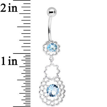 Blue CZ Gem Quatrefoil Layered Flowing Flower Form Dangle Belly Ring