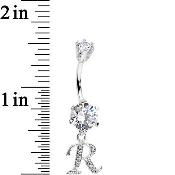 925 Sterling Silver Clear CZ Ornate Script Initial R Dangle Belly Ring