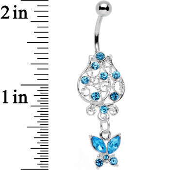 Aqua Gem Framework Flower Butterfly Dangle Belly Ring