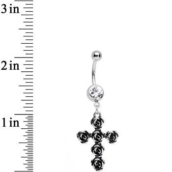 Clear Gem Black Rose Flower Detailed Gothic Cross Dangle Belly Ring