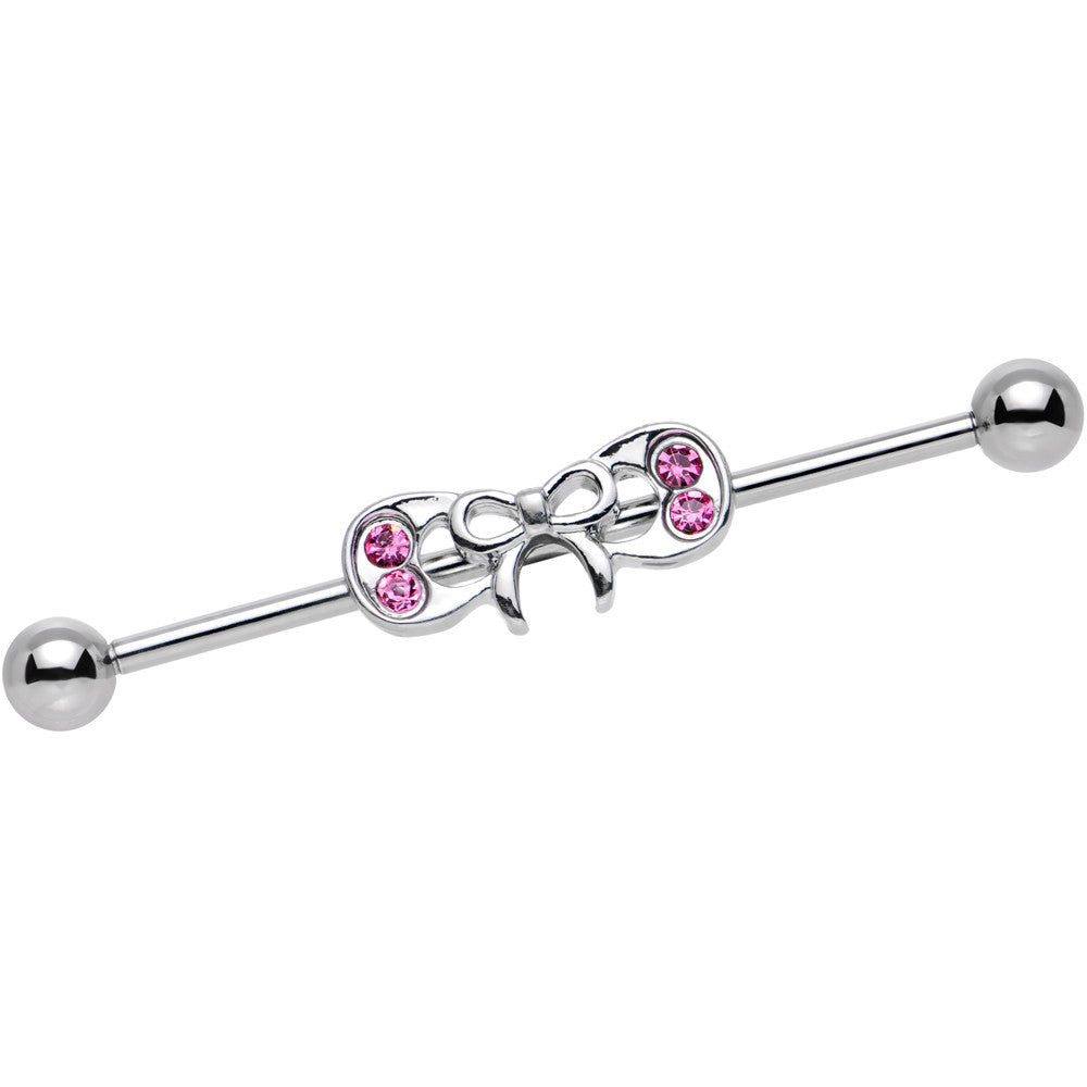 14G Pink Gem Steel Studded Girlie Bow Industrial Barbell 38mm