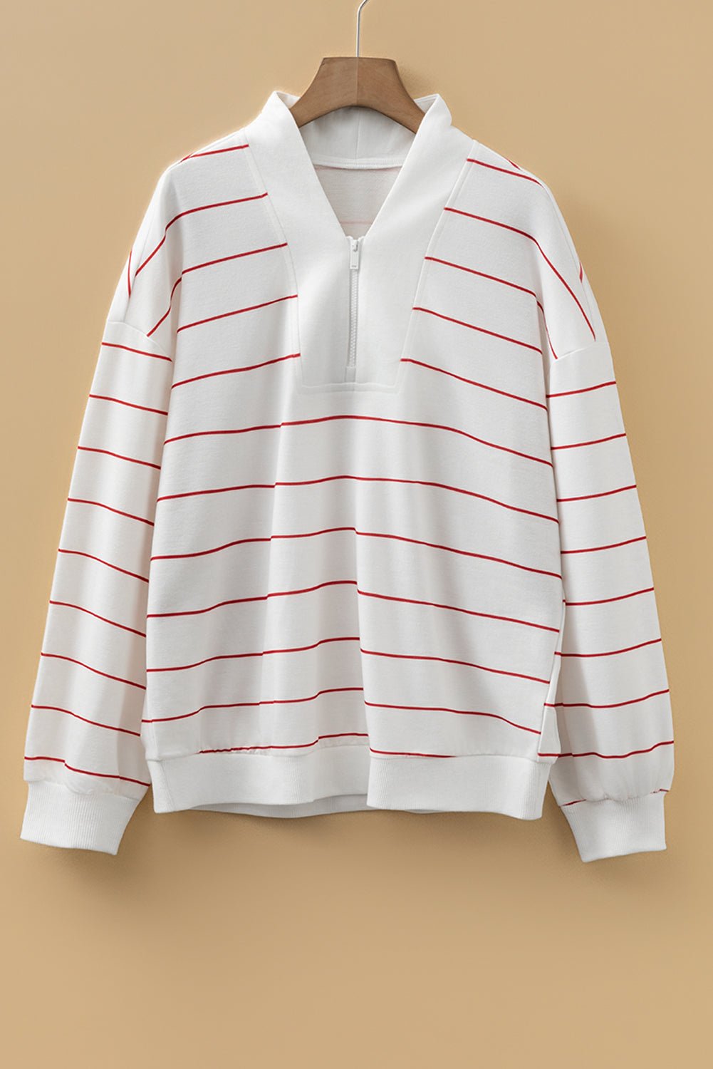 Fiery Red Zip V Neck Casual Stripe Print Drop Shoulder Long Sleeve Top - Jaico Online Shop