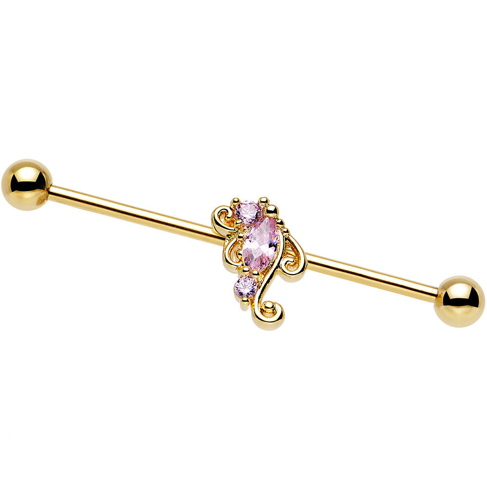 14G Pink CZ Gold Anodized Deco Swirl Industrial Barbell 38mm