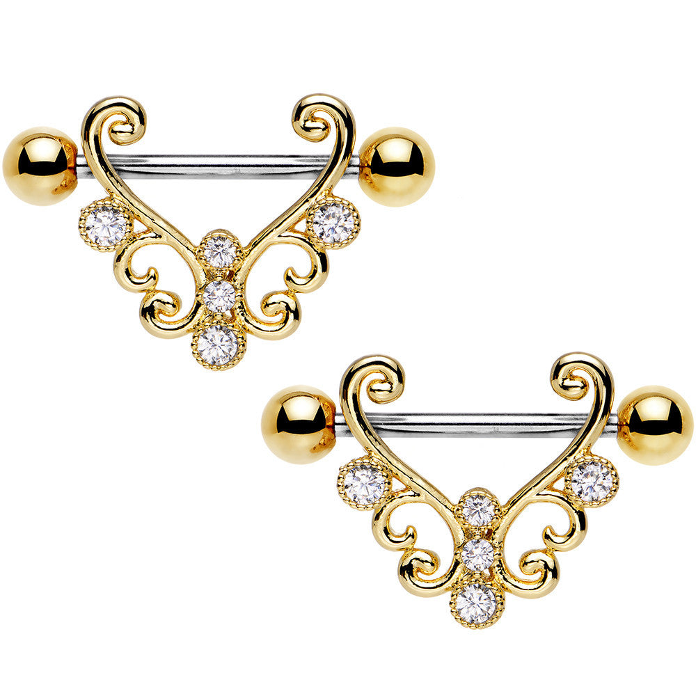 14G 9/16 Clear CZ Stainless Steel Art Deco Nipple Shield Set