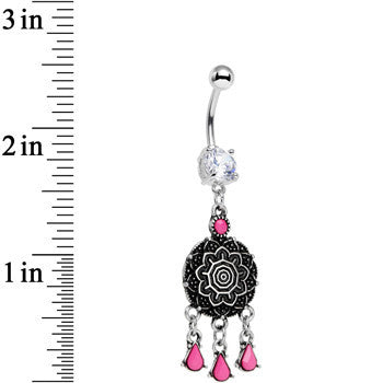 Clear Gem and Pink Faux Turquoise Leafy Lotus Flower Disk Dangle Belly Ring