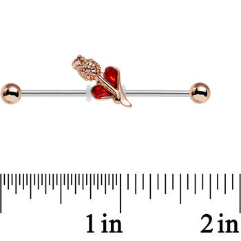 14G Clear Red Gem Rosy Hue Heart and Rose Flower Industrial Barbell 38mm