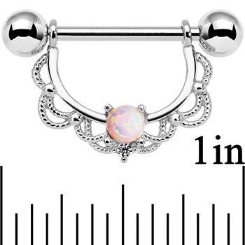 14G 5/8 White Synthetic Opal Steel Scalloped Nipple Ring Set