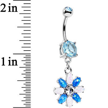 Blue and White Faux Opal Flower Power Dangle Belly Ring