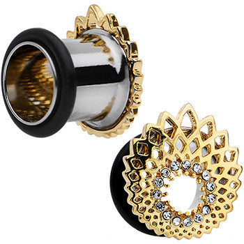 00G Clear Gem Golden Gala Feather Single Flare Tunnel Plug Set