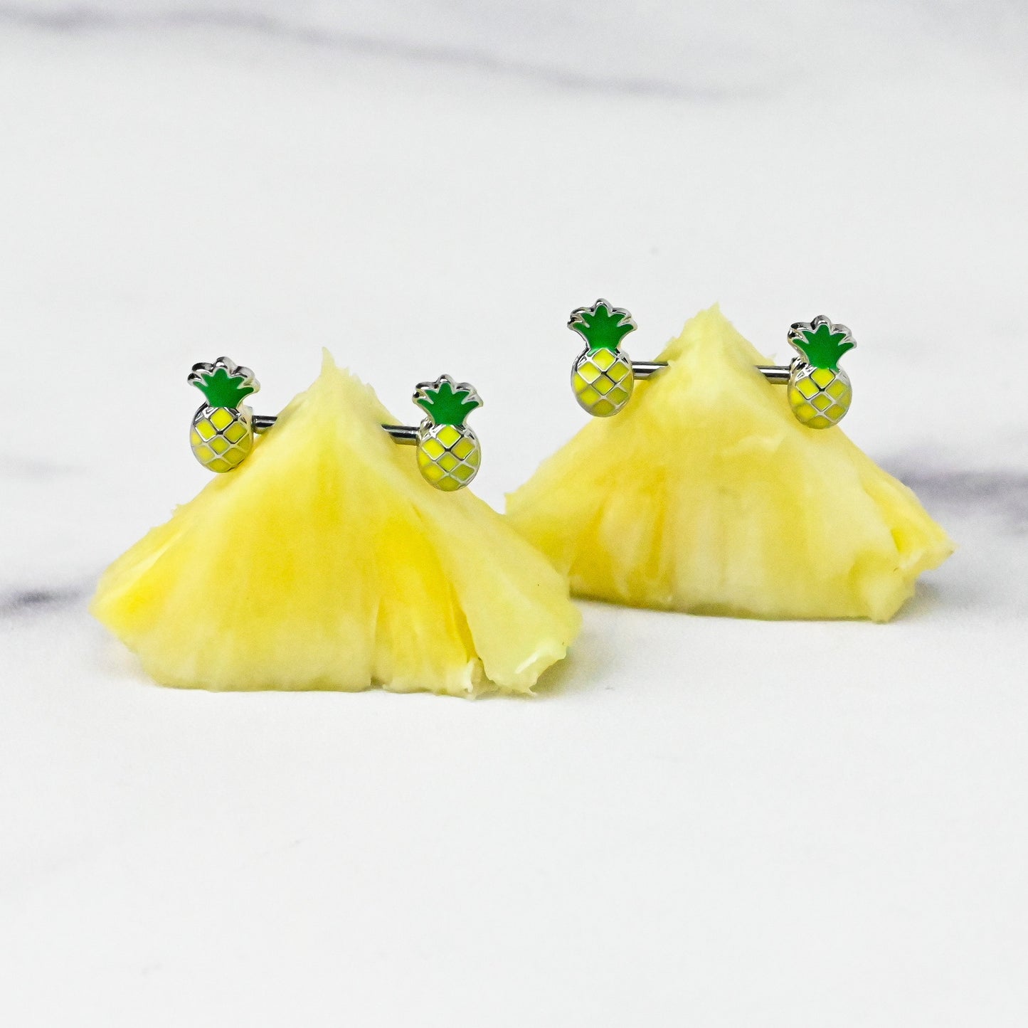 14G 1/2 Steel Yellow Green Pineapple Barbell Nipple Ring Set