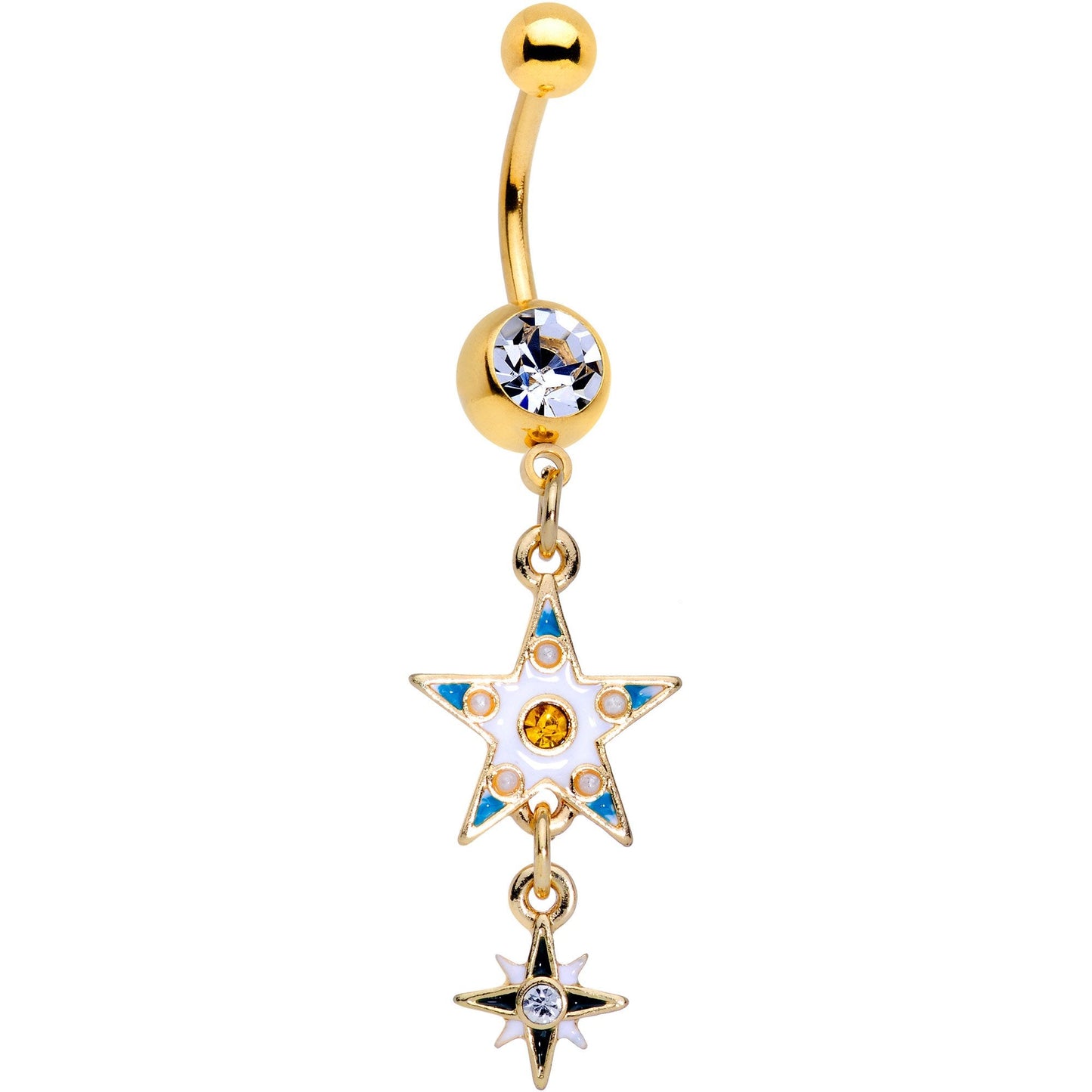 Clear Gem Gold PVD White Moon Star Dangle Belly Ring Set of 2