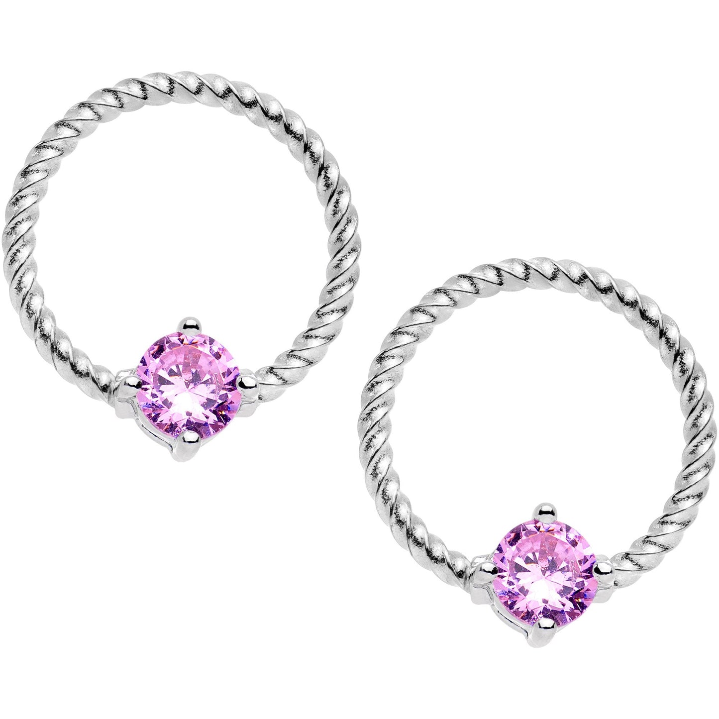 14G 5/8 Pink CZ Gem Twisted Captive Ring Barbell Nipple Ring Set