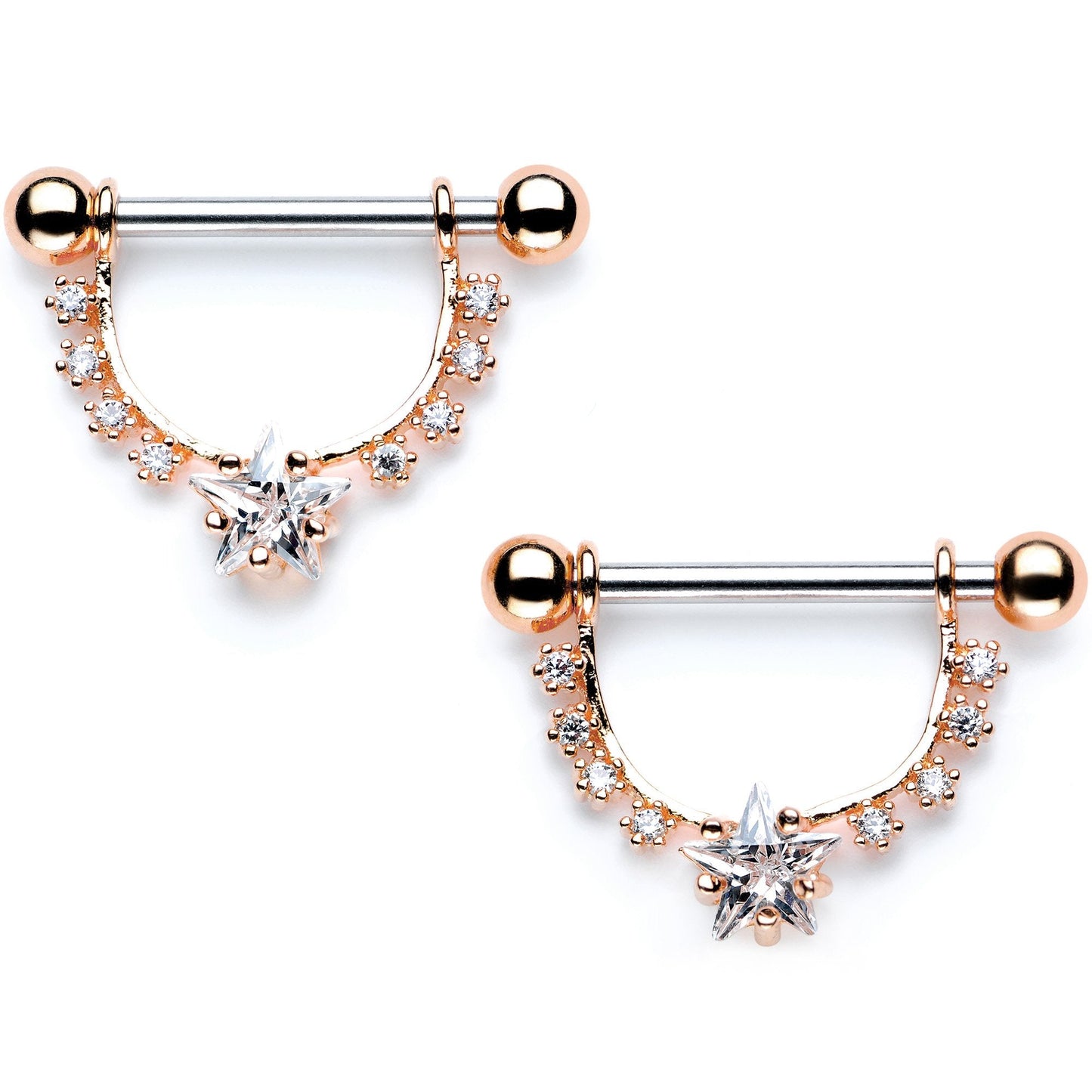 Clear CZ Gem Rose Gold Tone Superstar Dangle Barbell Nipple Ring Set