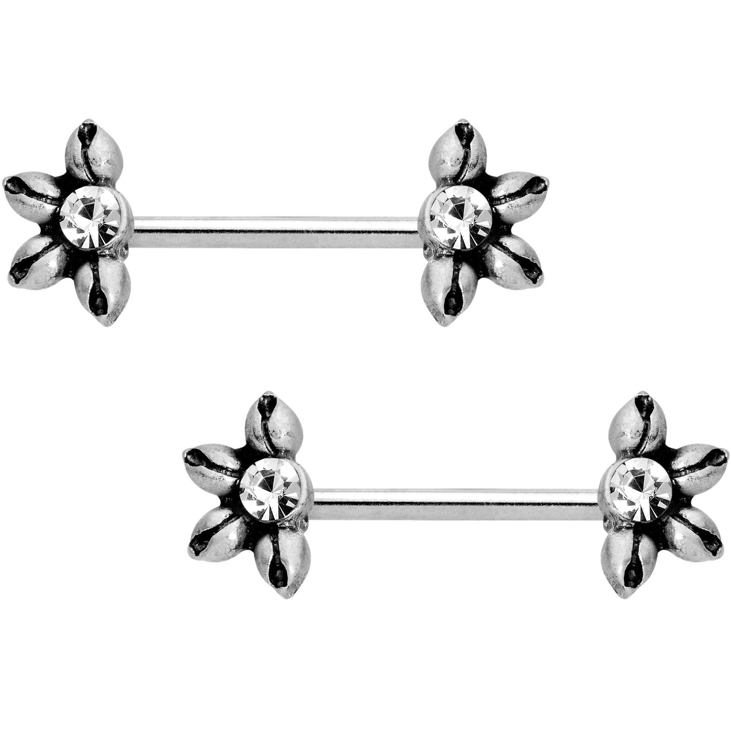 9/16 Clear CZ Blooming Flower Barbell Nipple Ring Set