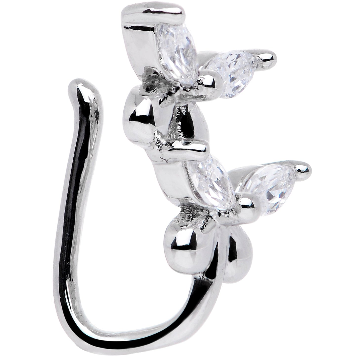 Clear CZ Gem Rhodium Plated Twin Butterfly Clip On Fake Nose Ring