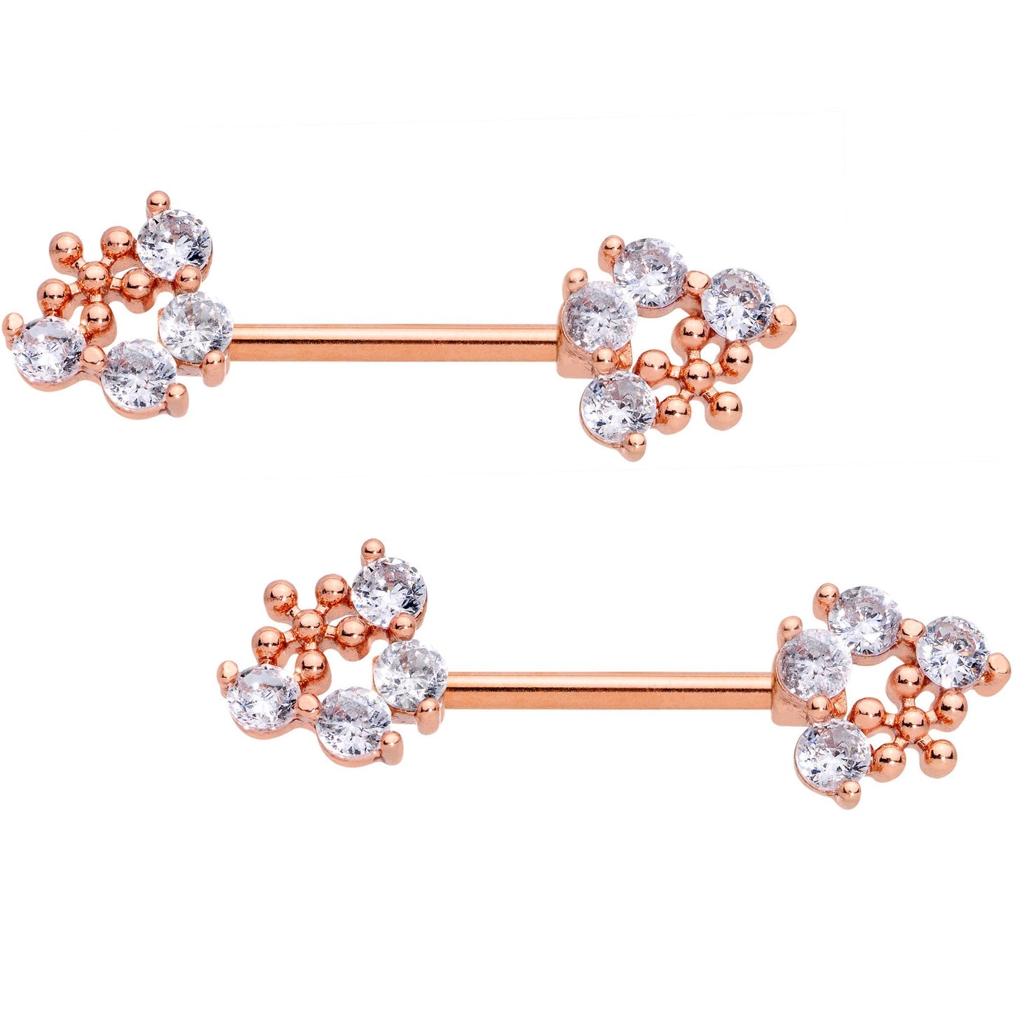 Clear Gem Rose Gold Tone Anodized Cluster Barbell Nipple Ring Set