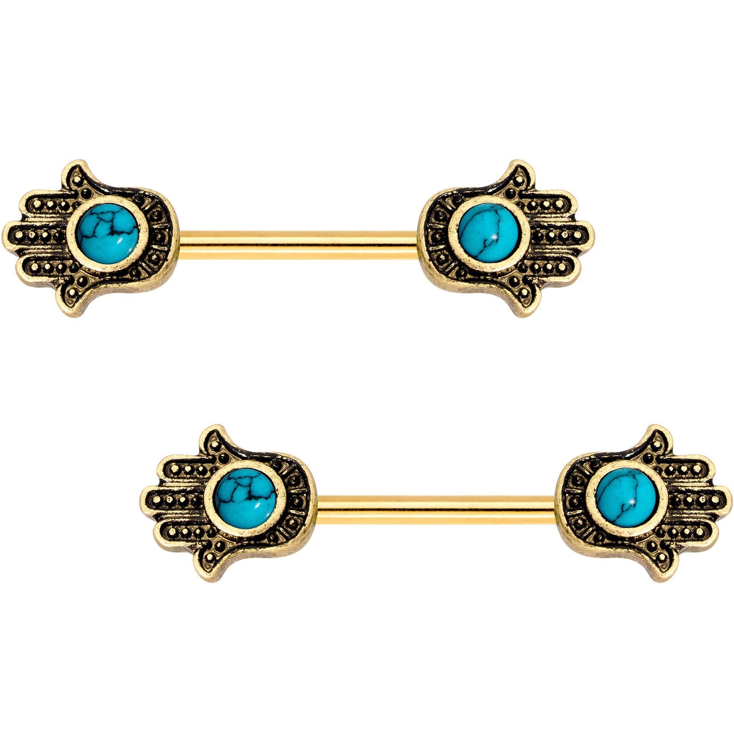 Faux Turquoise Gold Tone Hamsa Hand Barbell Nipple Ring Set