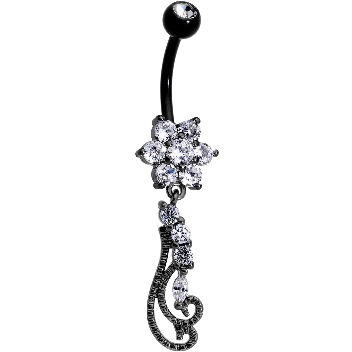 Clear Gem Black Anodized Filigree Flower Swirl Dangle Belly Ring