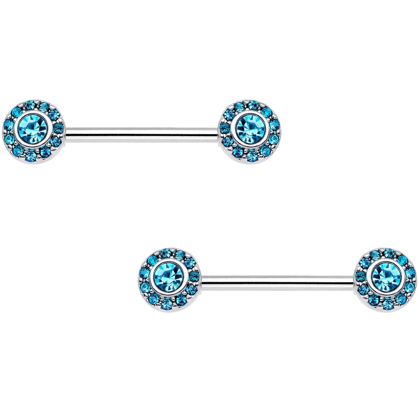 14G 9/16 Aqua Gem Circular Cluster Barbell Nipple Ring Set