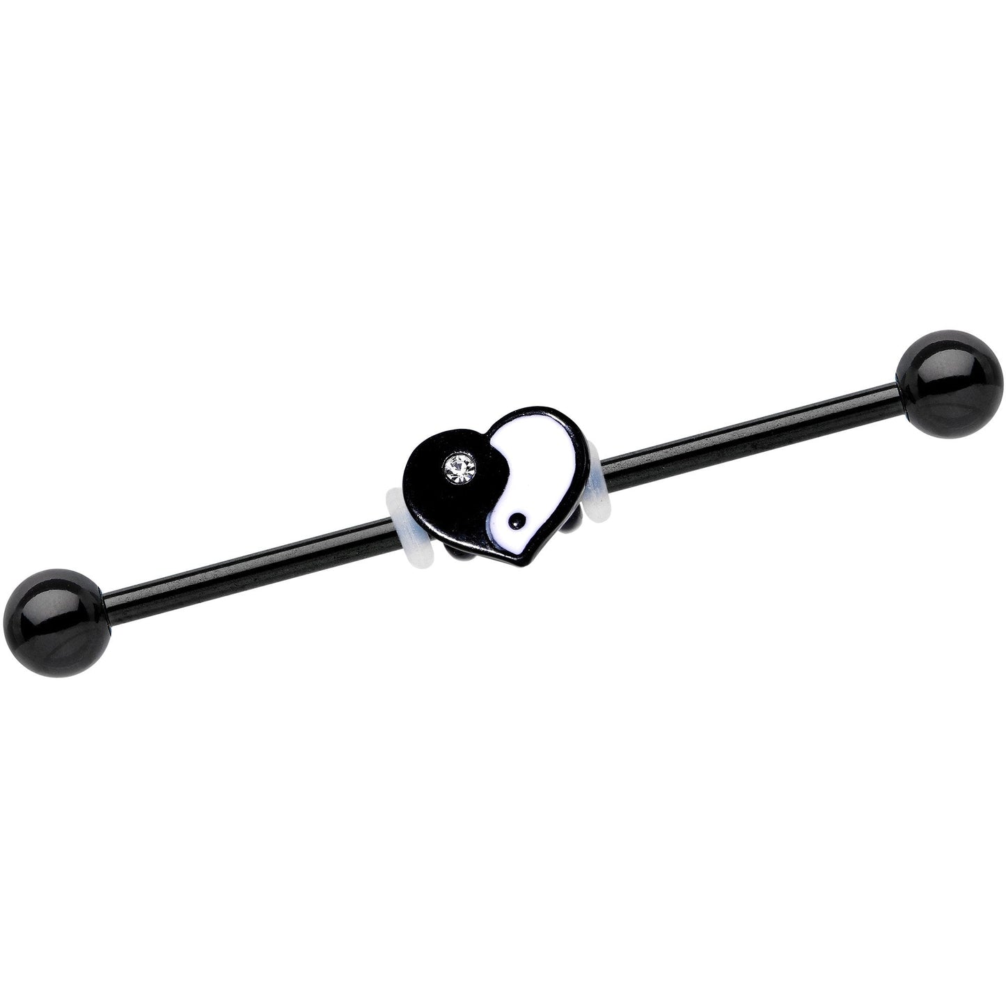 Clear Gem Black Anodized Yin Yang Heart Industrial Barbell 38mm