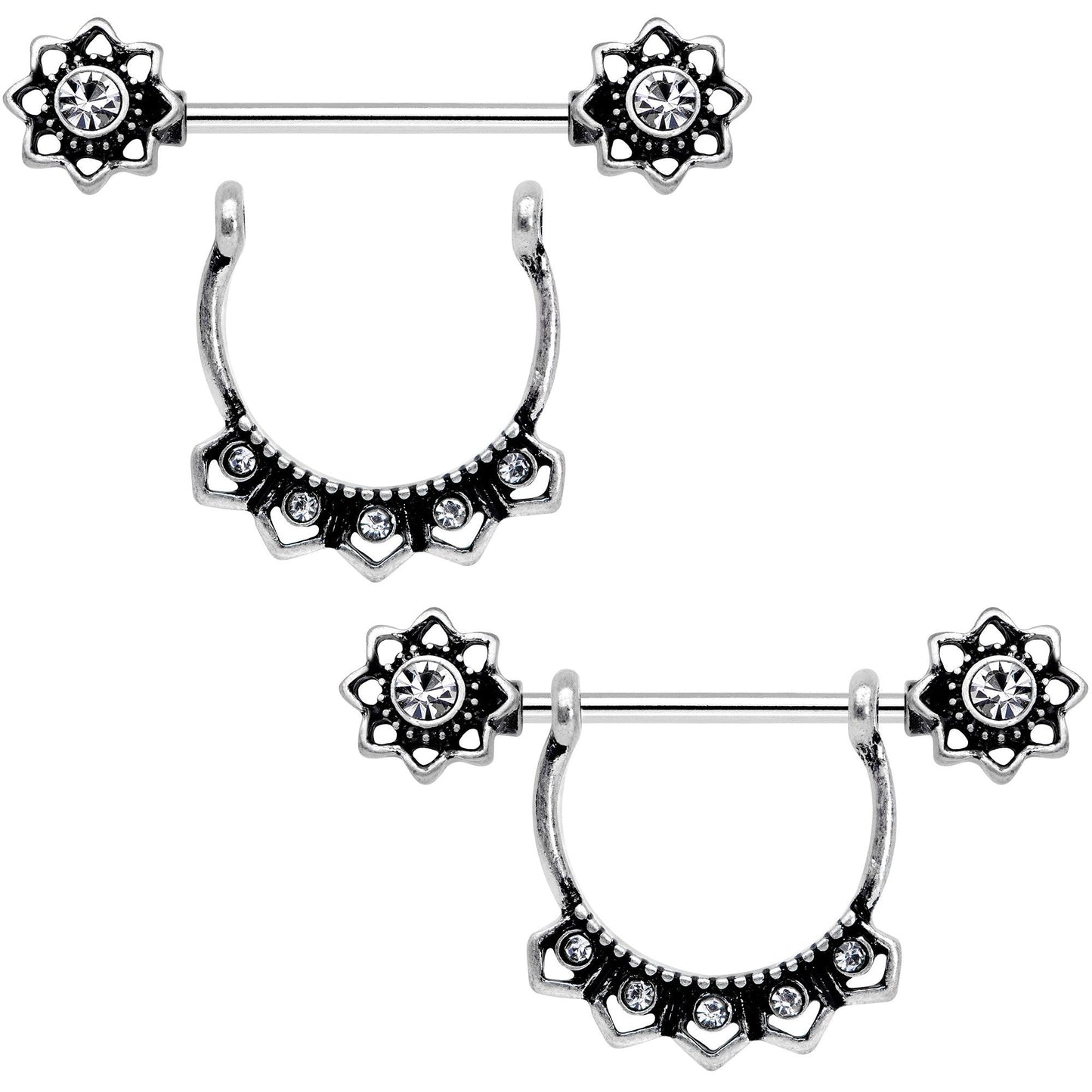 Clear Gem Flapper Fashion Removable Dangle Barbell Nipple Ring Set