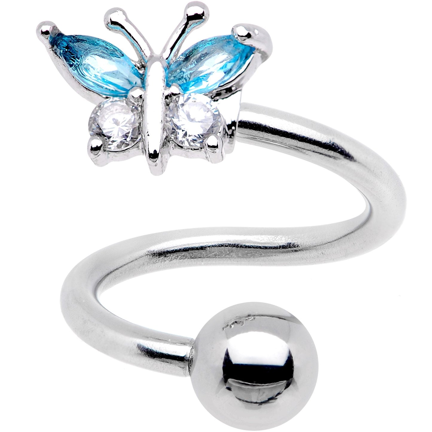 Clear Blue CZ Gem Butterfly Spiral Twister Top Mount Belly Ring