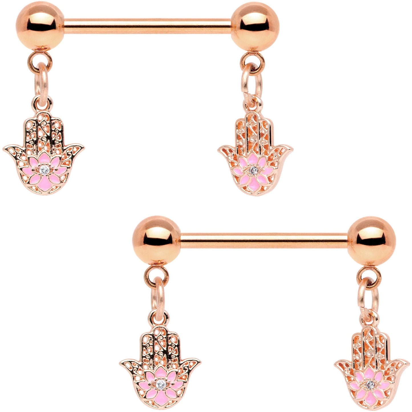 Pink Gem Rose Gold Tone Hamsa Hand Dangle Barbell Nipple Ring Set