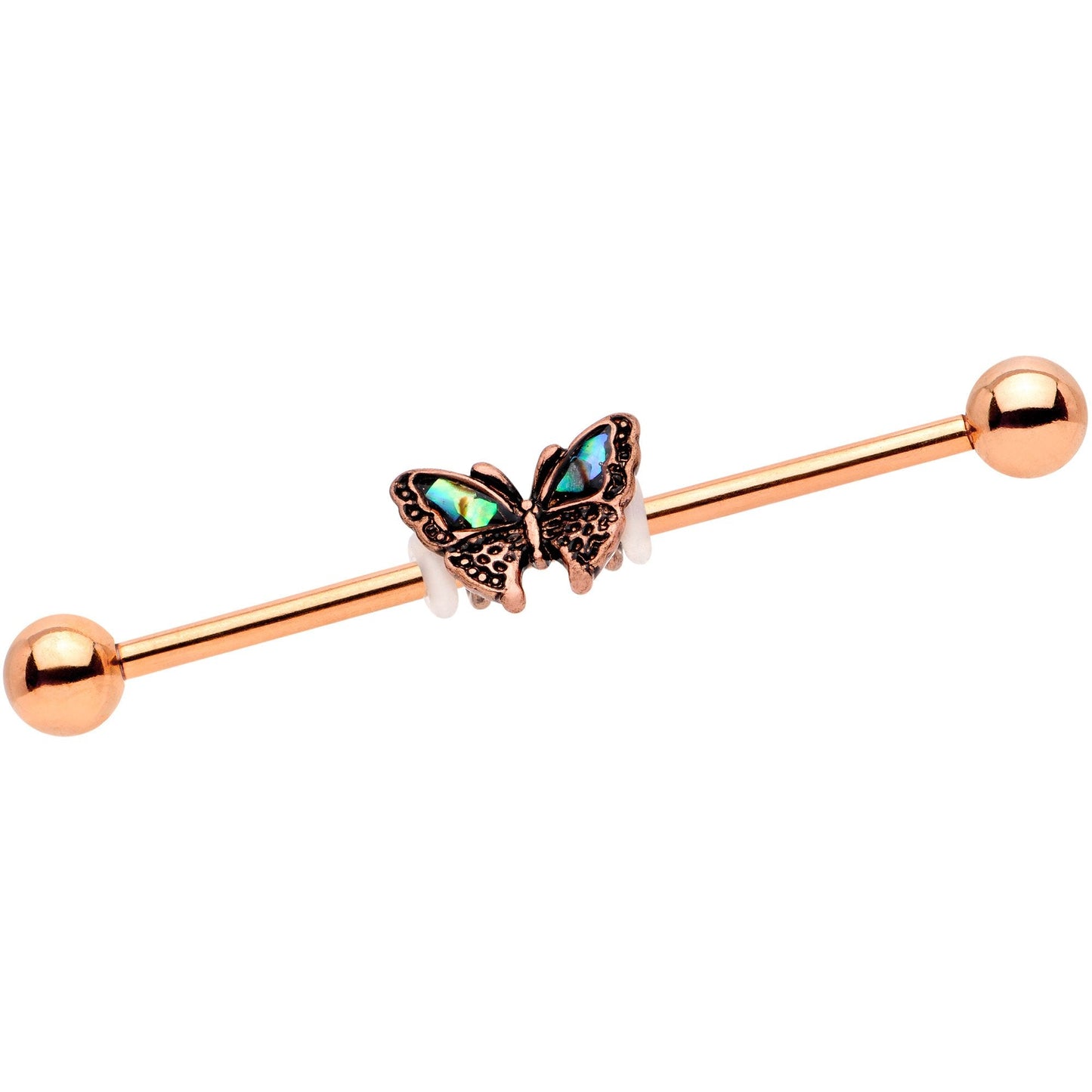 Rose Gold Tone Iridescent Butterfly Charm Industrial Barbell 38mm