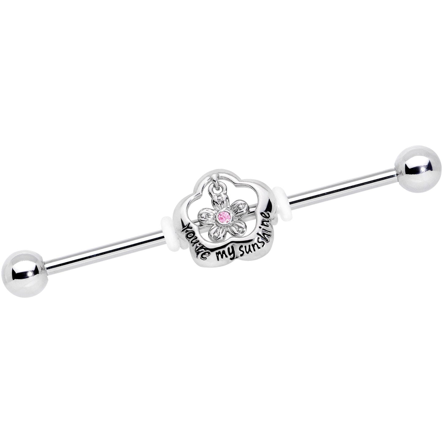 14G Pink Gem Flower My Sunshine Straight Industrial Barbell 38mm