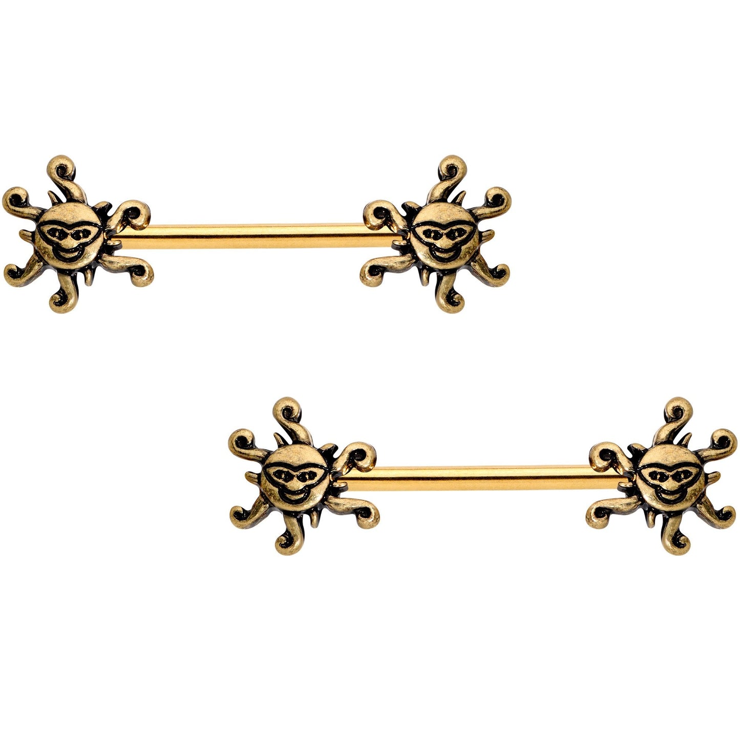 14G 9/16 Gold Tone Summer Sunshine Barbell Nipple Ring Set
