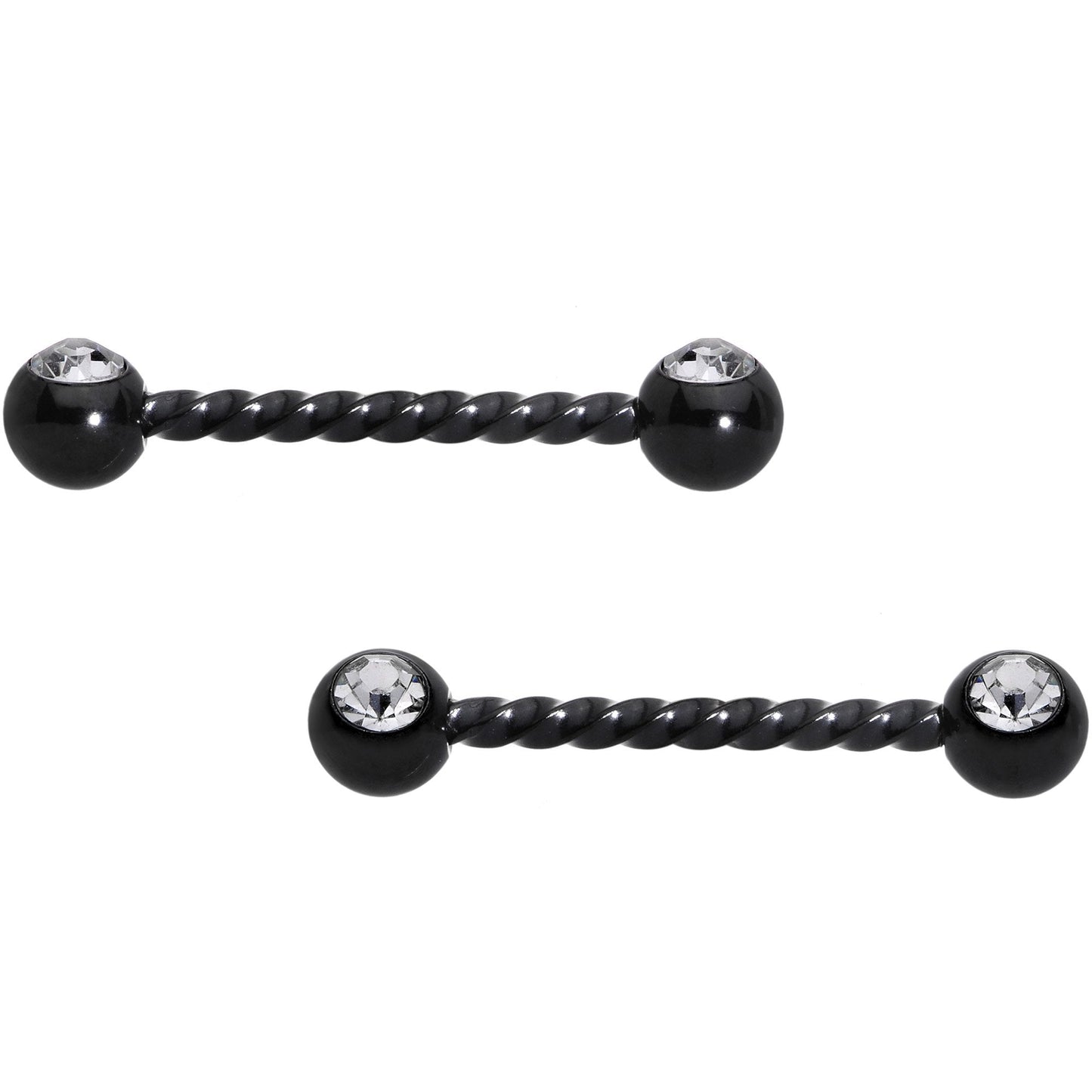 14G 5/8 Clear Gem Black Twisted Barbell Nipple Ring Set