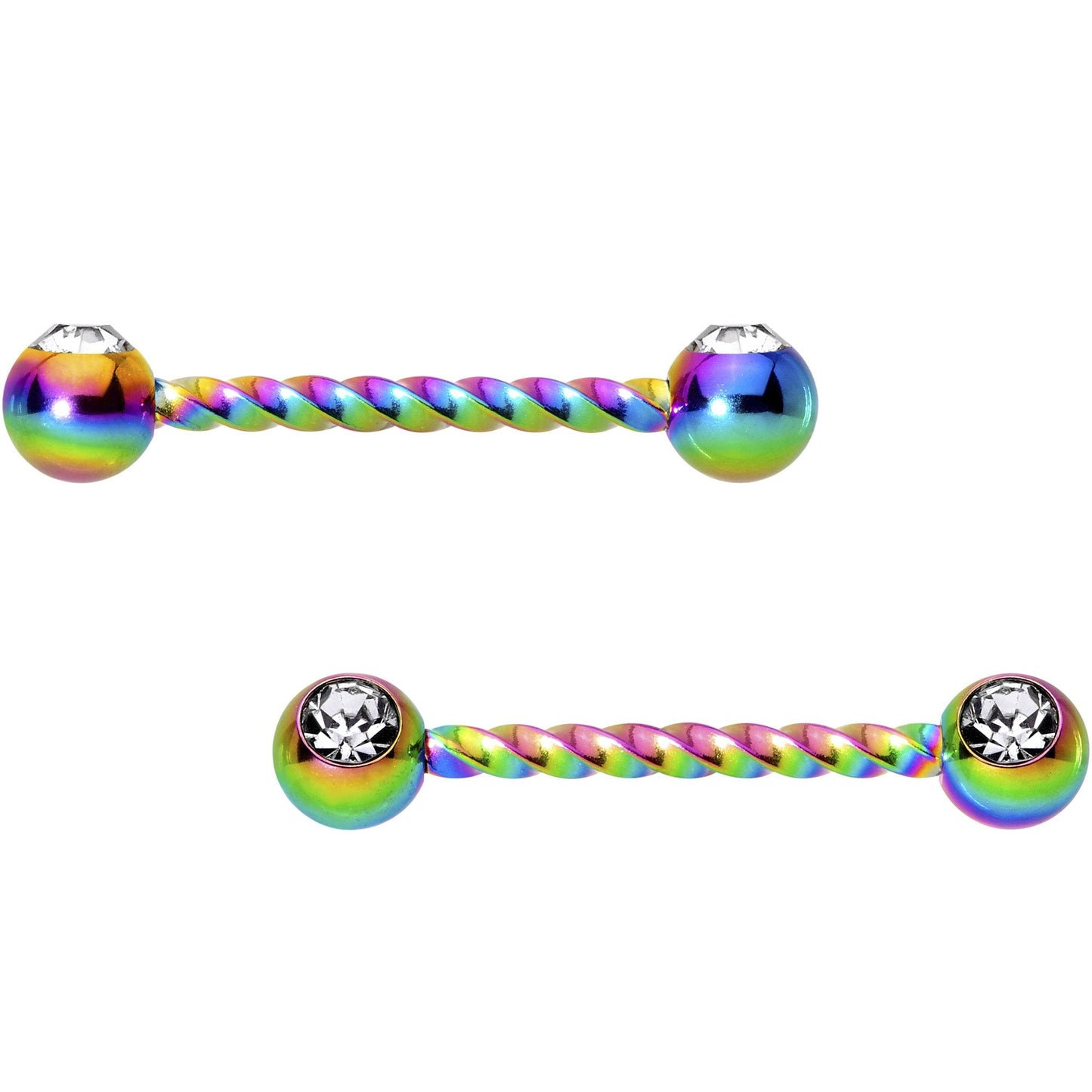 14G 5/8 Clear Gem Rainbow Twisted Barbell Nipple Ring Set