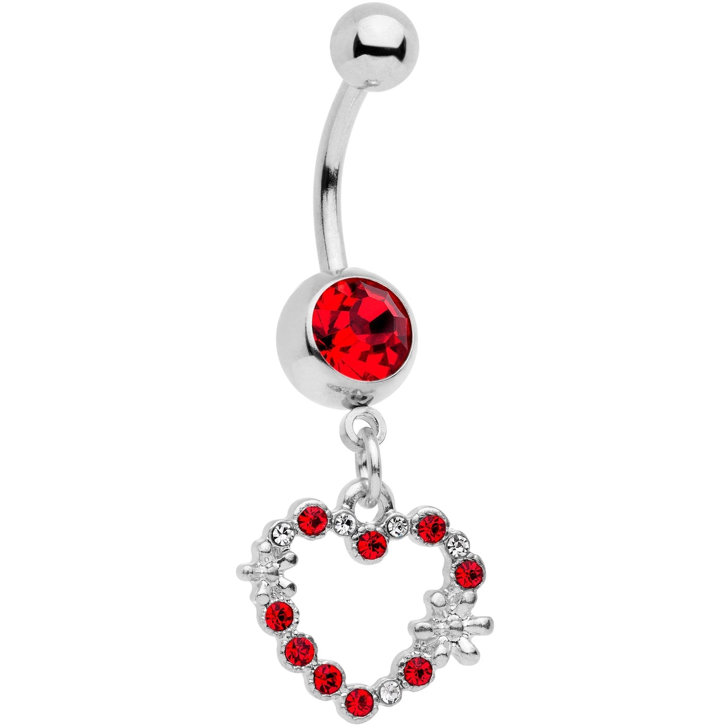 Clear Red Gem Valentine Flower Burst Heart Dangle Belly Ring