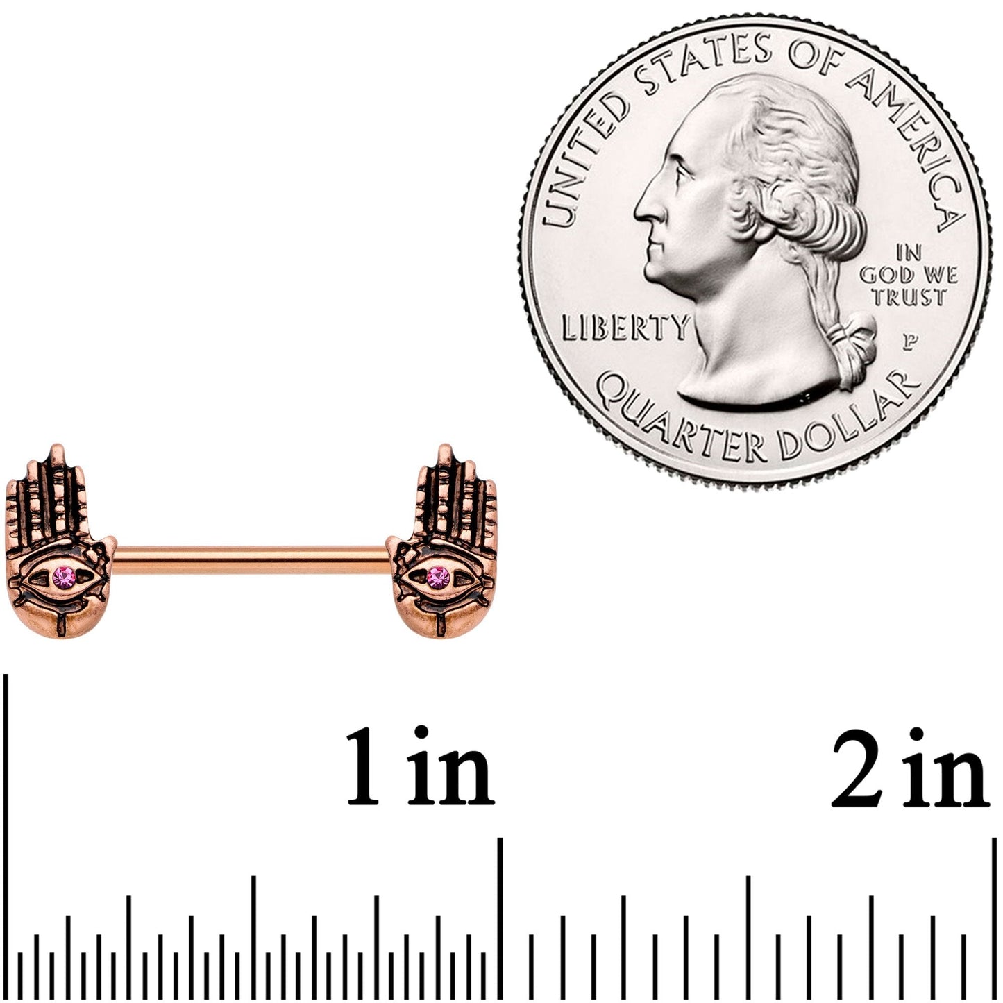 9/16 Pink Gem Rose Gold Tone Hamsa Hand Barbell Nipple Ring Set