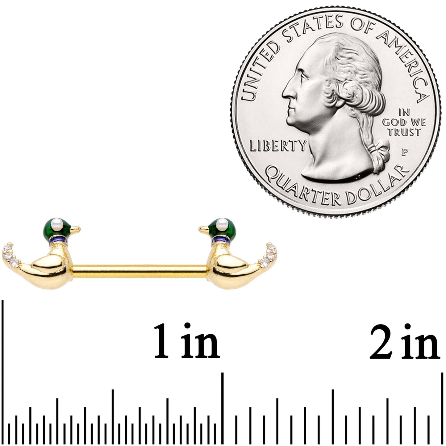 14G 9/16 Clear Gem Gold Tone Just Ducky Barbell Nipple Ring Set