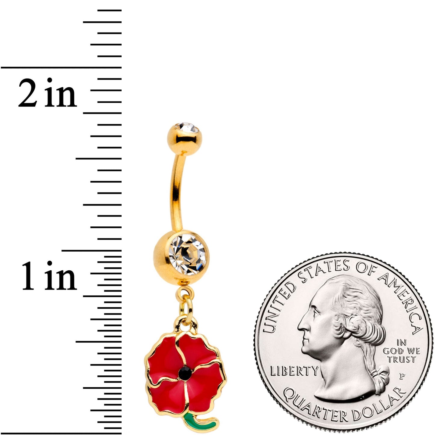 Clear Gem Gold Tone Powerful Poppy Flower Dangle Belly Ring