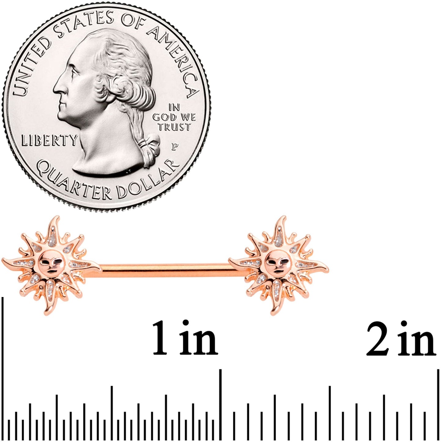 14G 5/8 Glitter Inlay Rose Gold Tone Sun Barbell Nipple Ring Set